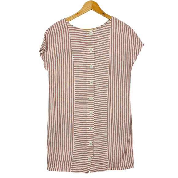 Madewell Linen Striped Play Button Back Short Sleeve Mini Tee Dress Warm Nutmeg - Picture 8 of 16